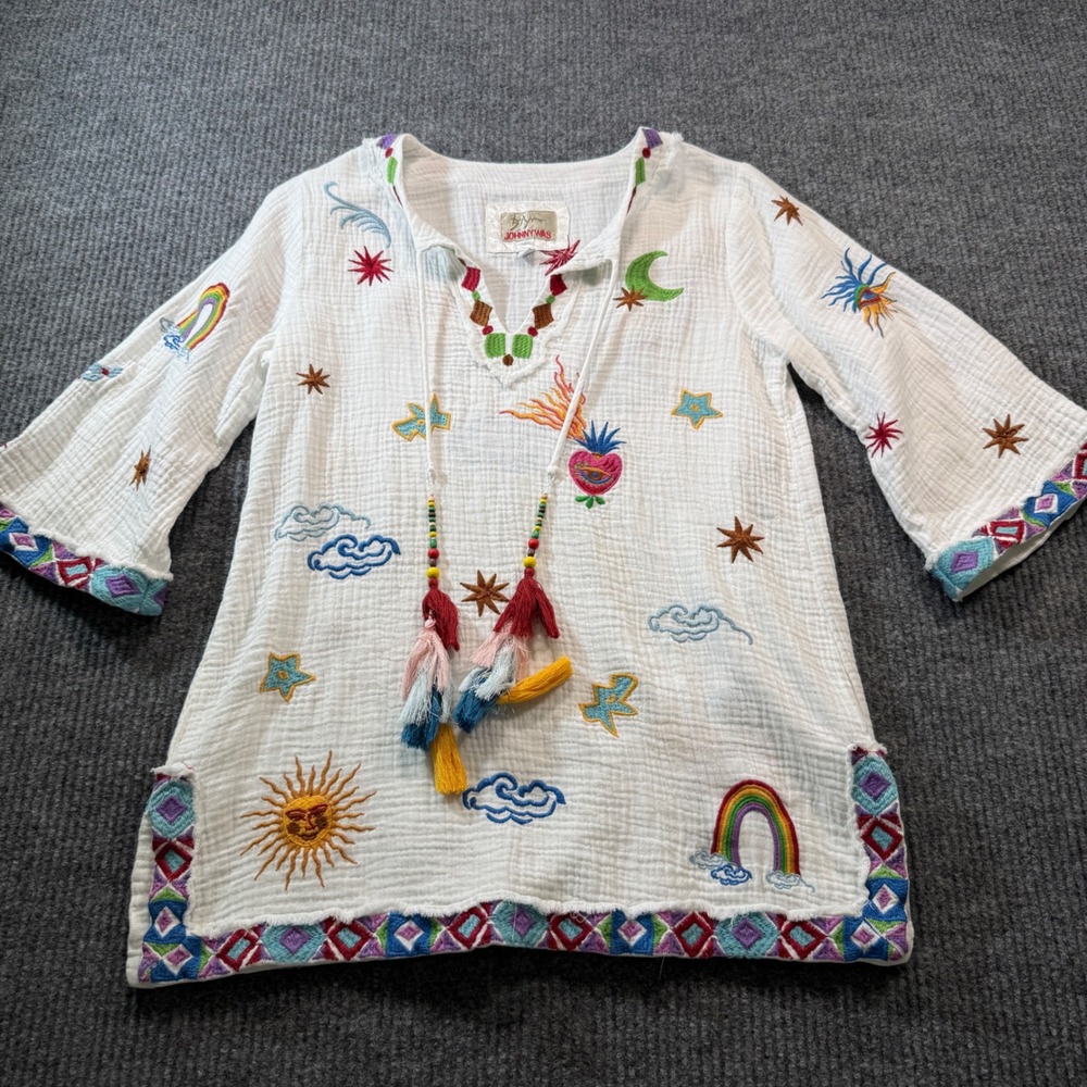 Johnny Was Biya Tunic Top Womens XS White Embroidered Gauze Boho Festival Artsy